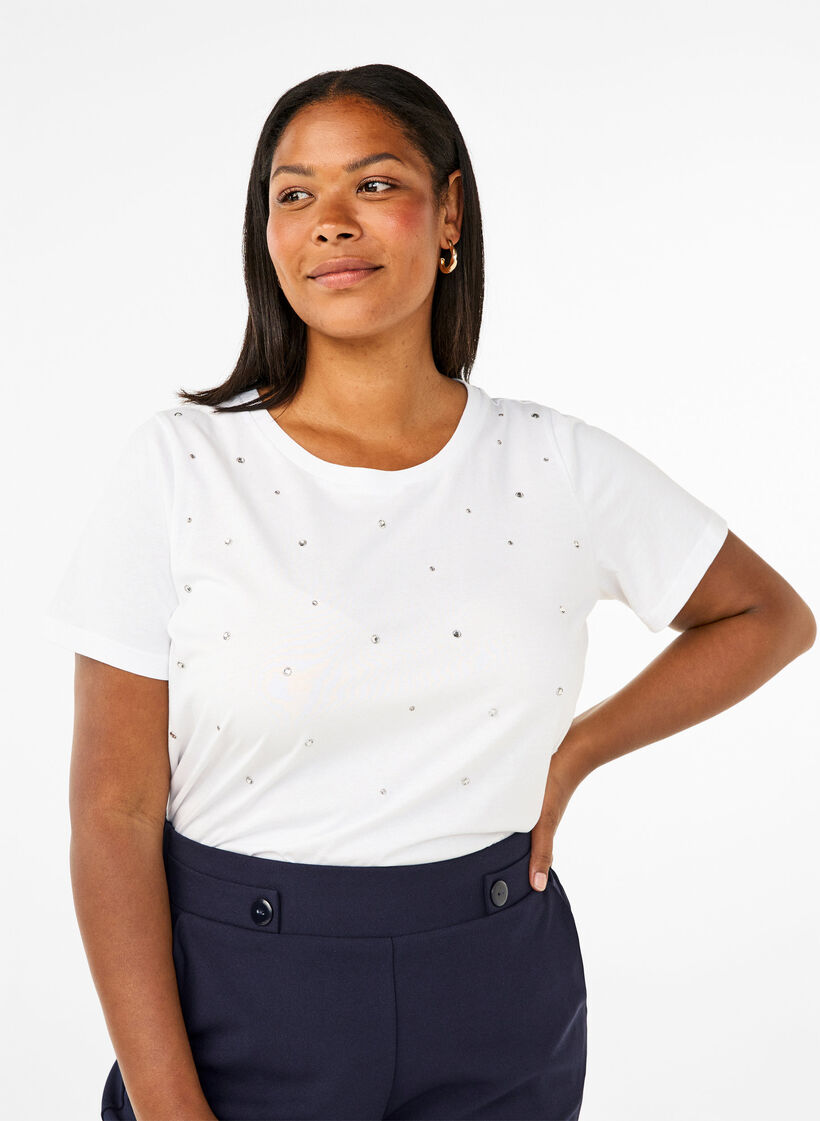 T-shirt i bomull med strasstenar, Bright White, Model image number 0