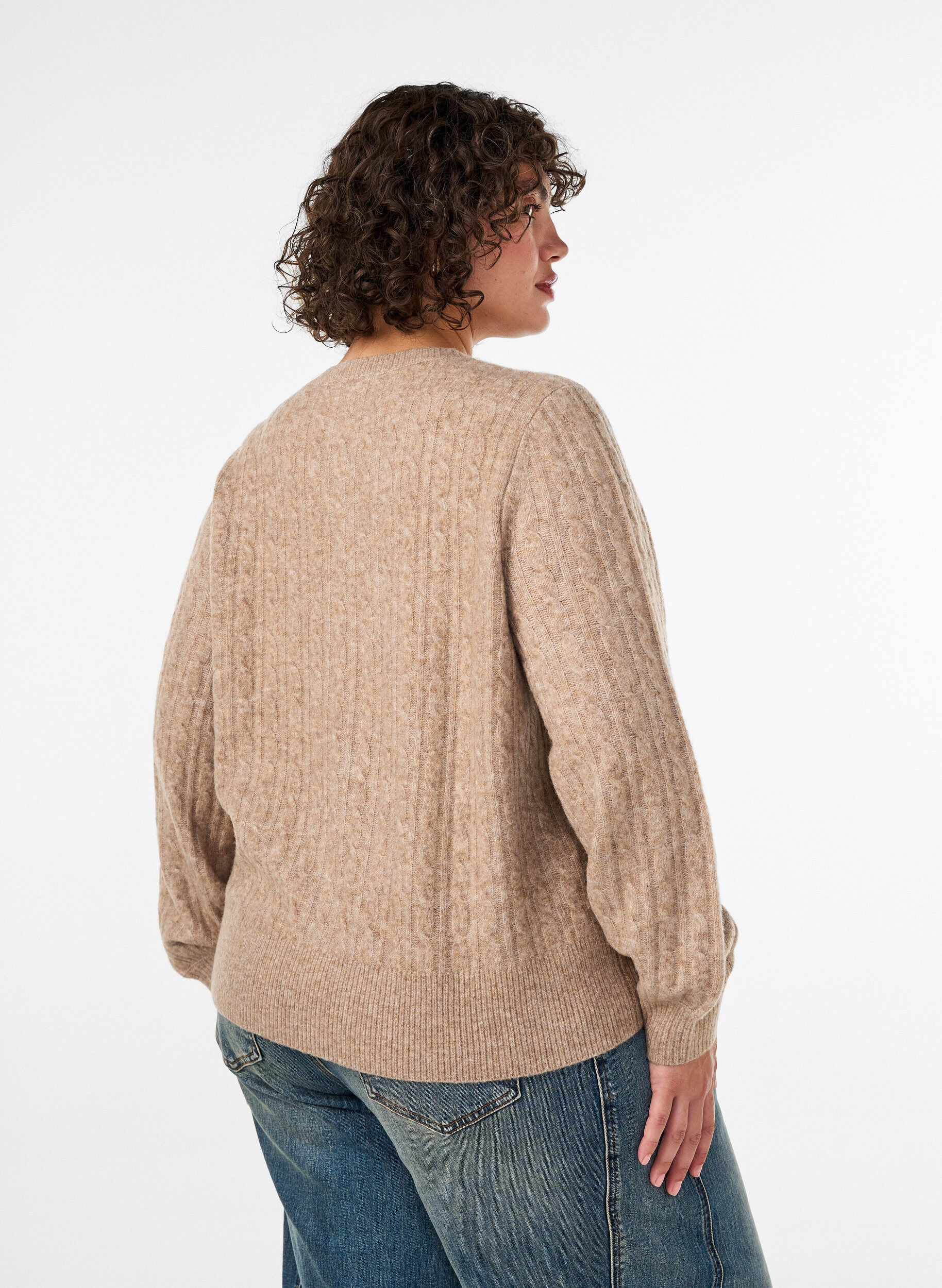 ZizziFl&auml;tstickad kofta med p&auml;rlknappar, Beige, Model image number 2