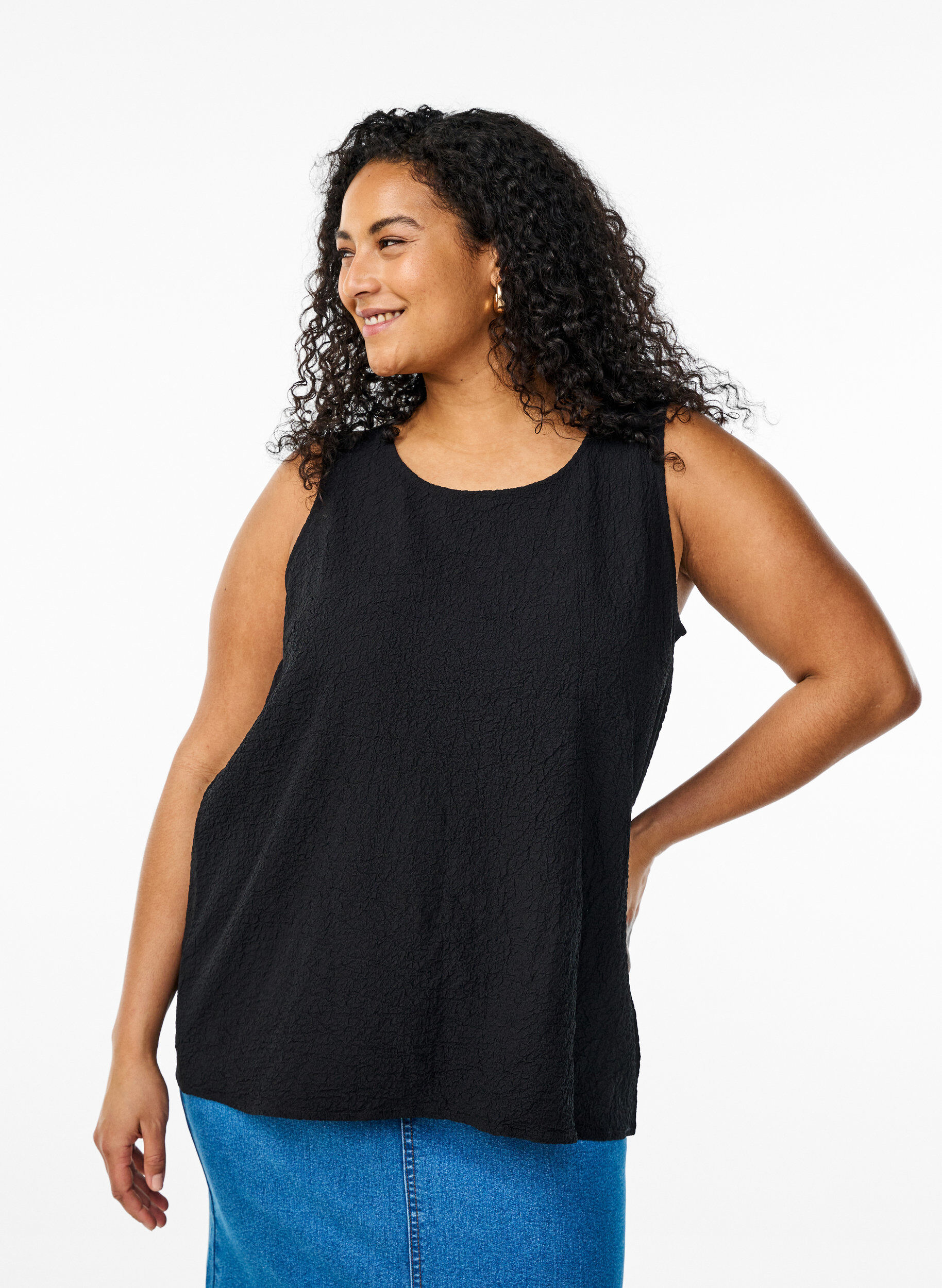 &Auml;rmelloses Top mit Struktur, Svart, Model