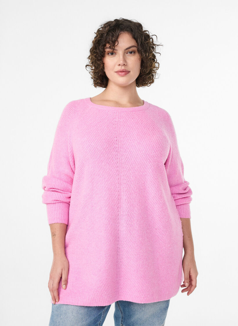 Stickad tr&ouml;ja med diagonalt m&ouml;nster och raglan&auml;rmar, Rosa, Model image number 0