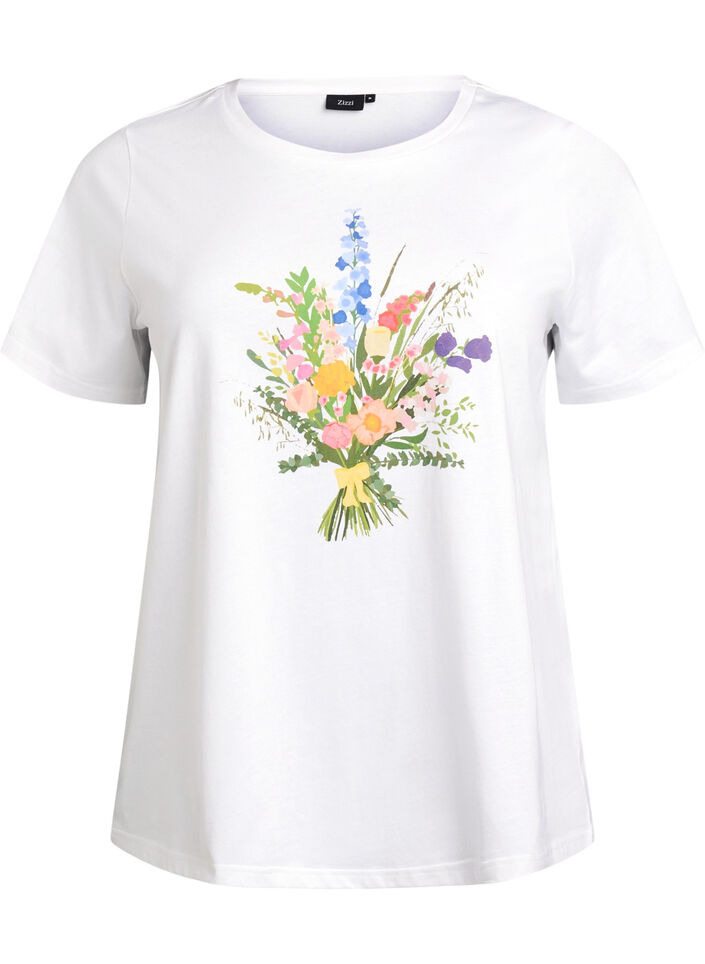 T-shirt i ekologisk bomull med blommigt tryck, B. White w. Flower, Packshot image number 0