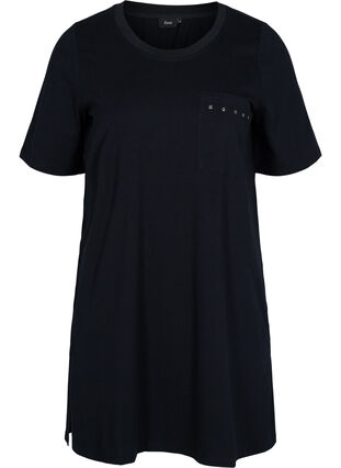 Lång t-shirt i bomull med bröstficka och nitar, Black, Packshot image number 0