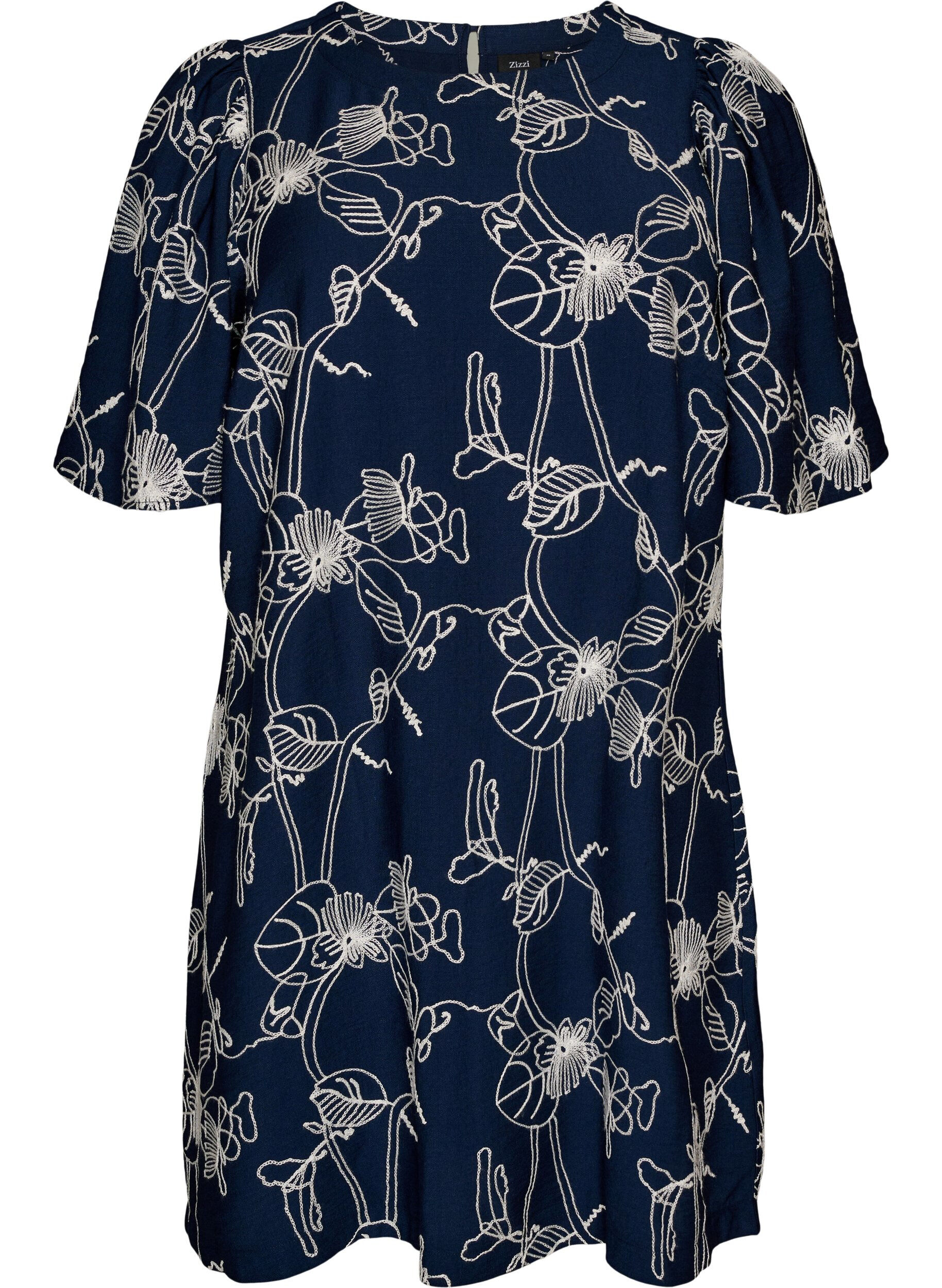 ZizziKort A-linjeformad kl&auml;nning med broderat m&ouml;nster, Bl&aring;, Packshot image number 0