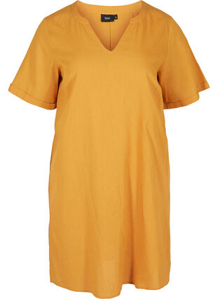 Kortärmad klänning i bomullsmix med linne, Honey Mustard, Packshot image number 0
