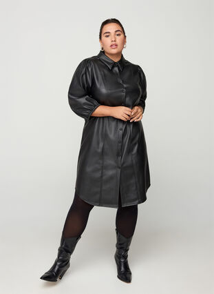 Klänning i fuskläder med 3/4 puffärmar, Black, Model image number 3