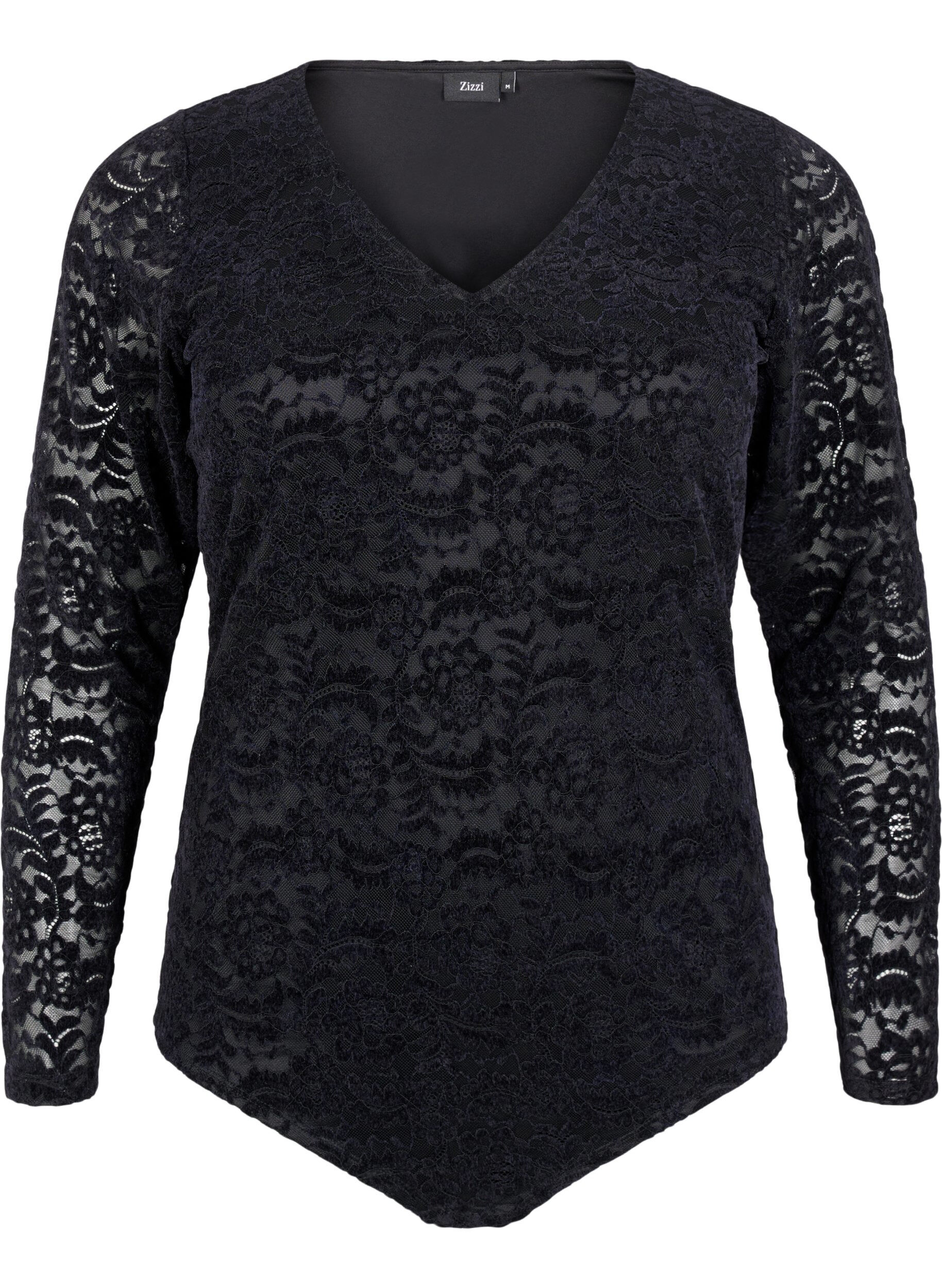 Zizzi Bodystocking i spets med l&aring;nga &auml;rmar, Black, Packshot image number 0