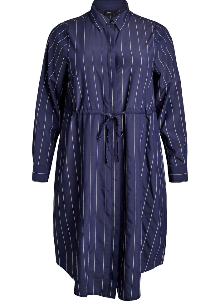 Lång kritstrecksrandig skjorta med knytskärp, Blå, Packshot image number 0