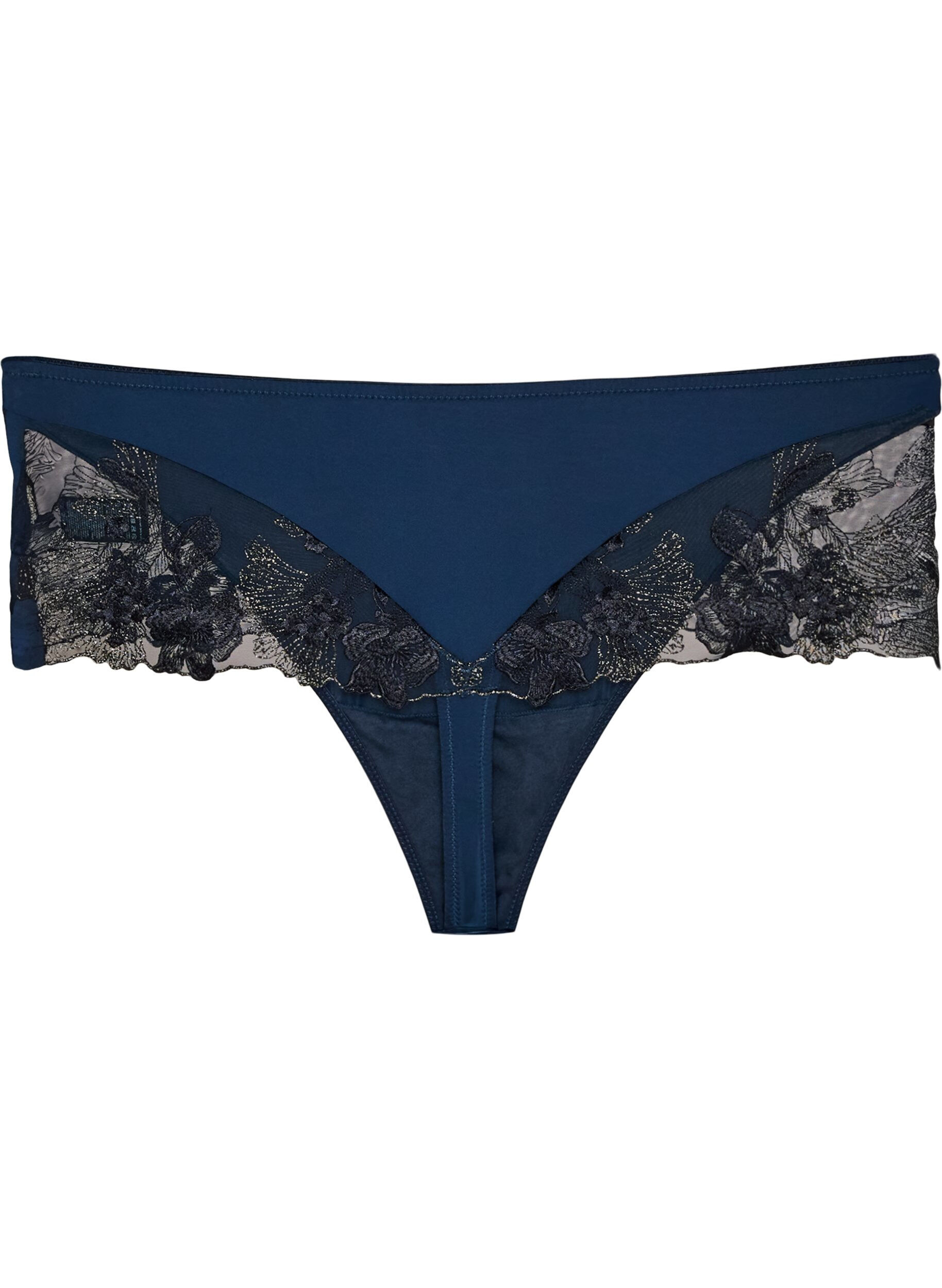 ZizziHipster-stringtrosa med blommigt broderi och normal midja, Bl&aring;, Packshot image number 2