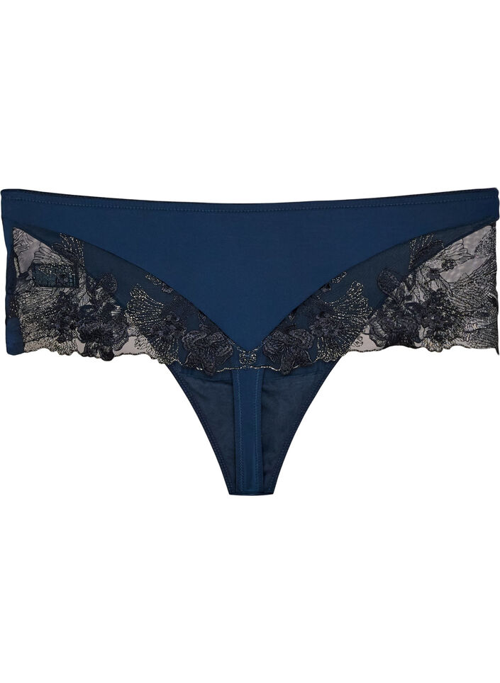 Hipster-stringtrosa med blommigt broderi och normal midja, Bl&aring;, Packshot image number 2