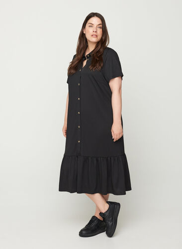 Midiklänning med korta ärmar och knappar, Black, Model image number 0