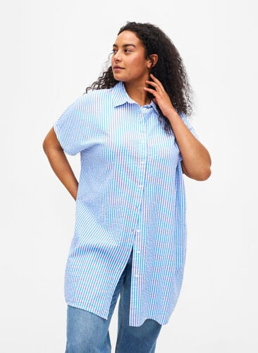 Lång randig bomullsskjorta, Light Blue Stripe, Model image number 0