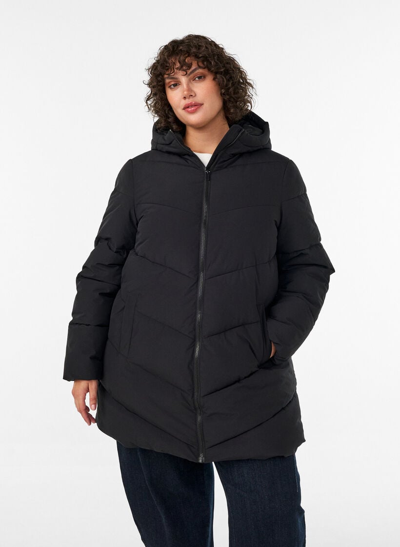 Halvl&aring;ng pufferjacka med huva, Svart, Model image number 3