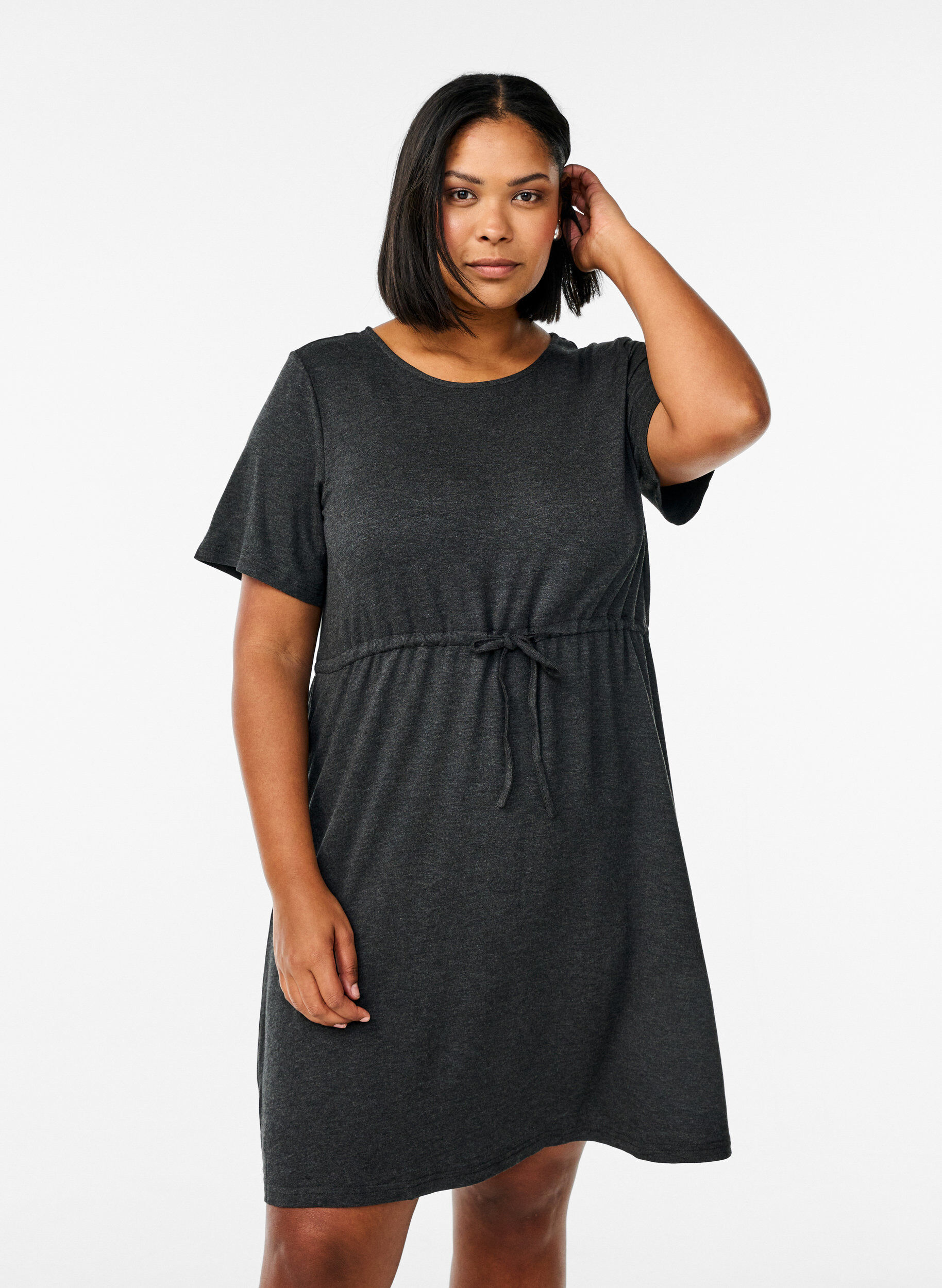 Kort jerseykl&auml;nning med knytsk&auml;rp, Gr&aring;, Model