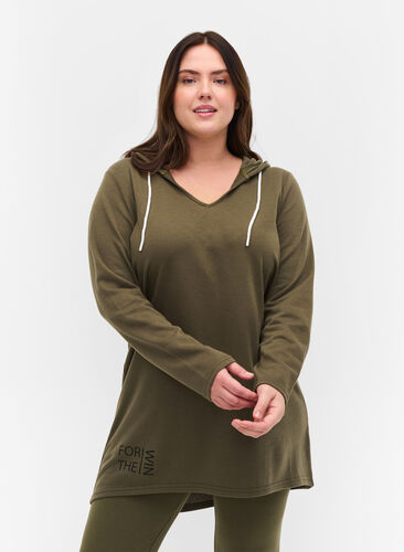 Lång sweatshirt med v-ringning och huva, Ivy Green, Model image number 0