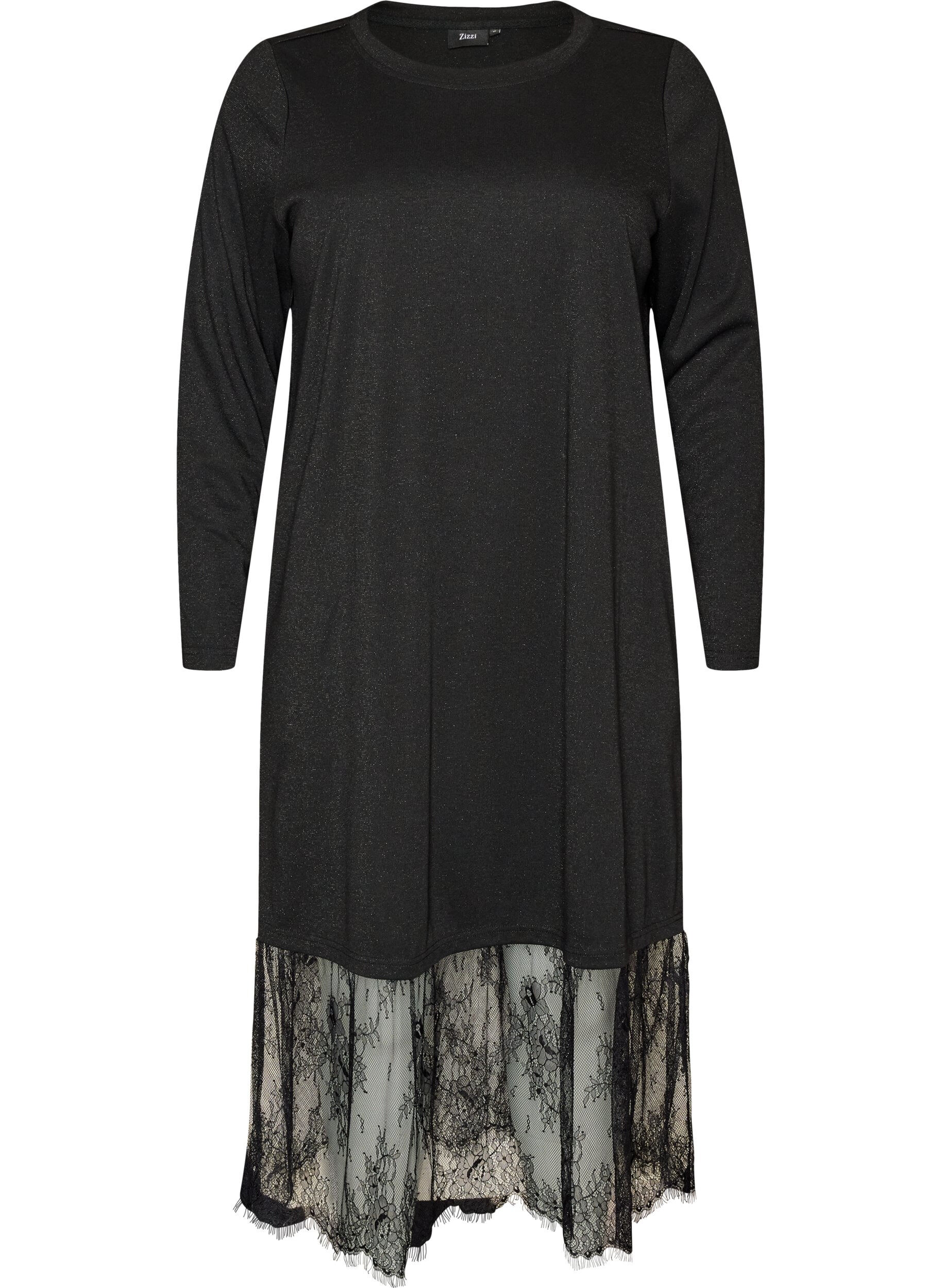Zizzikl&auml;nning i jersey med glitter och spetskant, Svart, Packshot image number 0