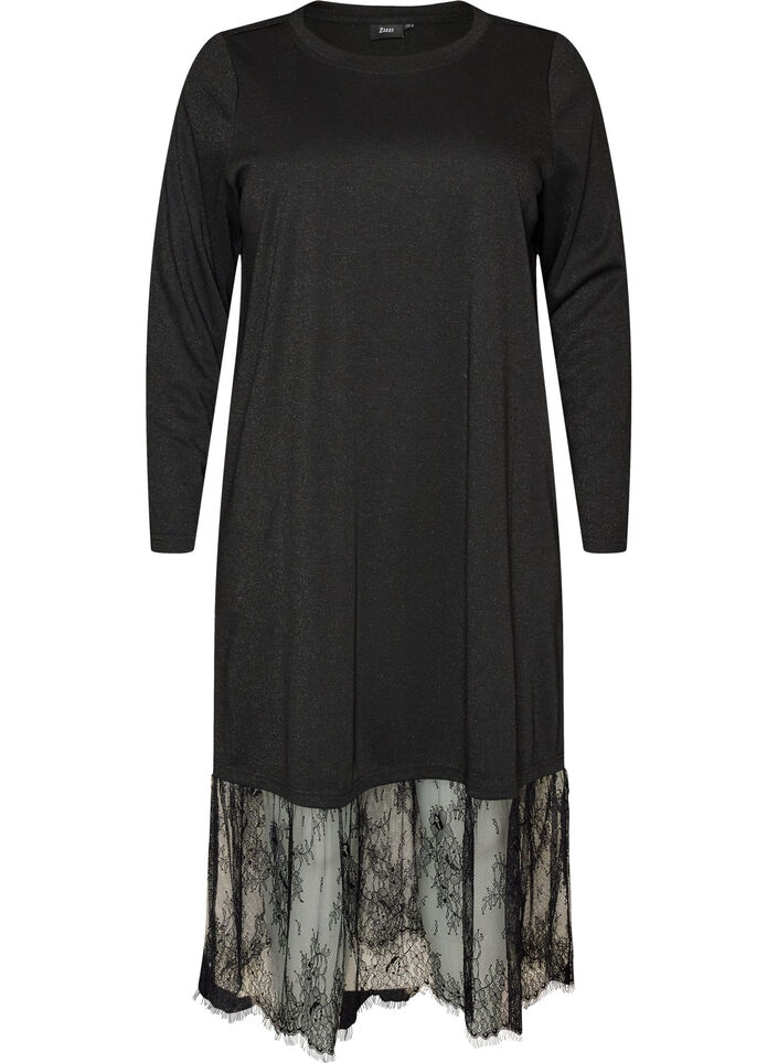 kl&auml;nning i jersey med glitter och spetskant, Svart, Packshot image number 0