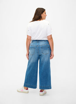 Croppade jeans med vida ben, Blue denim, Model image number 1