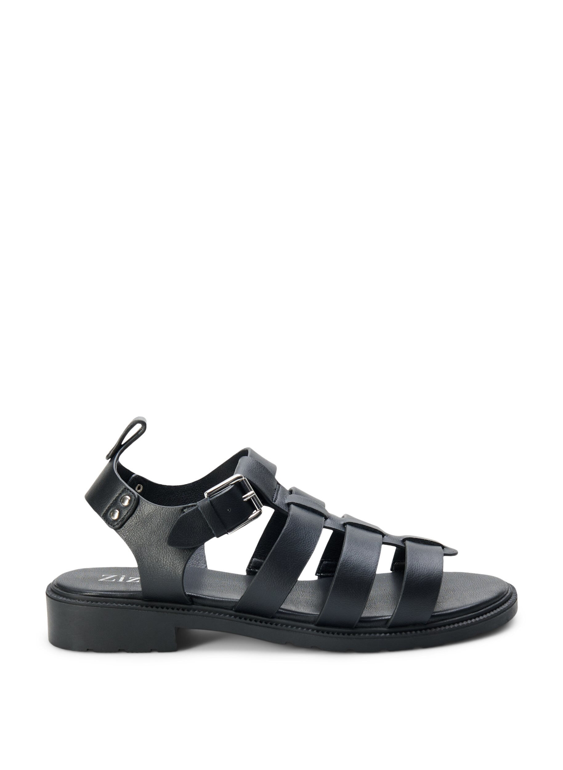 Zizzi Sandal i l&auml;der med bred passform, Svart, Packshot image number 0