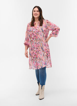 Mönstrad tunika med v-ringning och långa ärmar, Pink Feather, Model image number 2