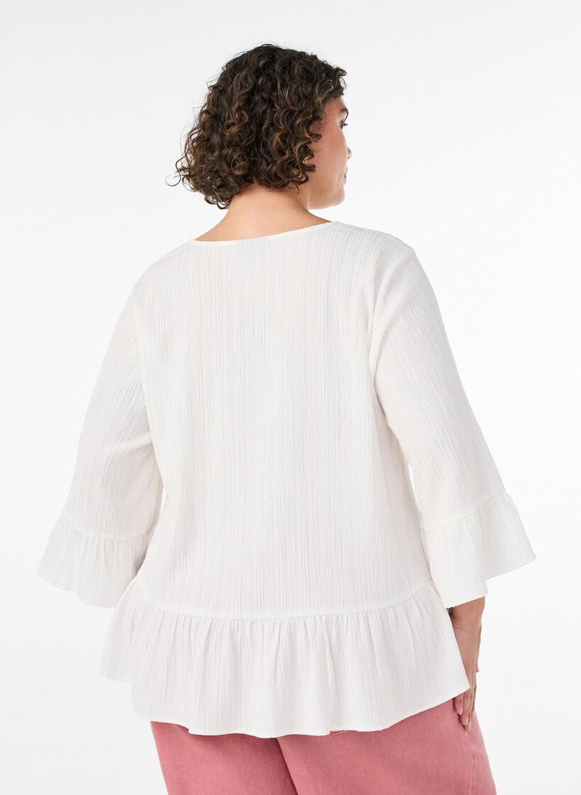 Blus med struktur, v-ringning och volanger, Vanilla, Model image number 2