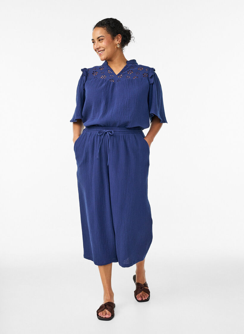 Culotte-byxor i bomullsmuslin med h&ouml;g midja, Bl&aring;, Model image number 0