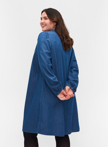 Denimklänning i bomull med knytband, Blue denim, Model image number 1