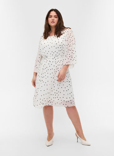 Plisserad klänning med mönster och knytband, Bright White w. Dots, Model image number 0