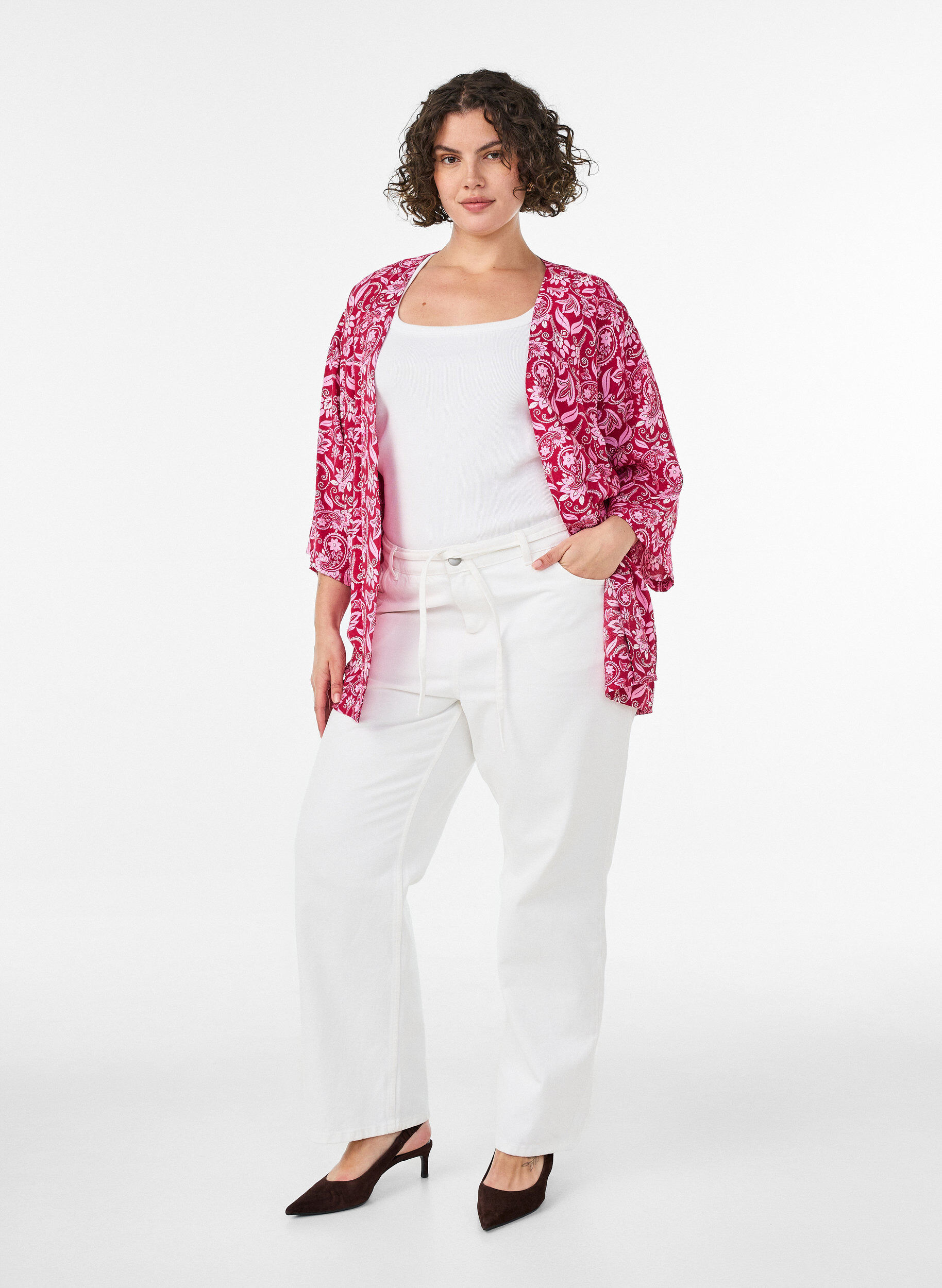 ZizziKort kimono i viskos med 3/4-&auml;rmar, Rosa, Model image number 1