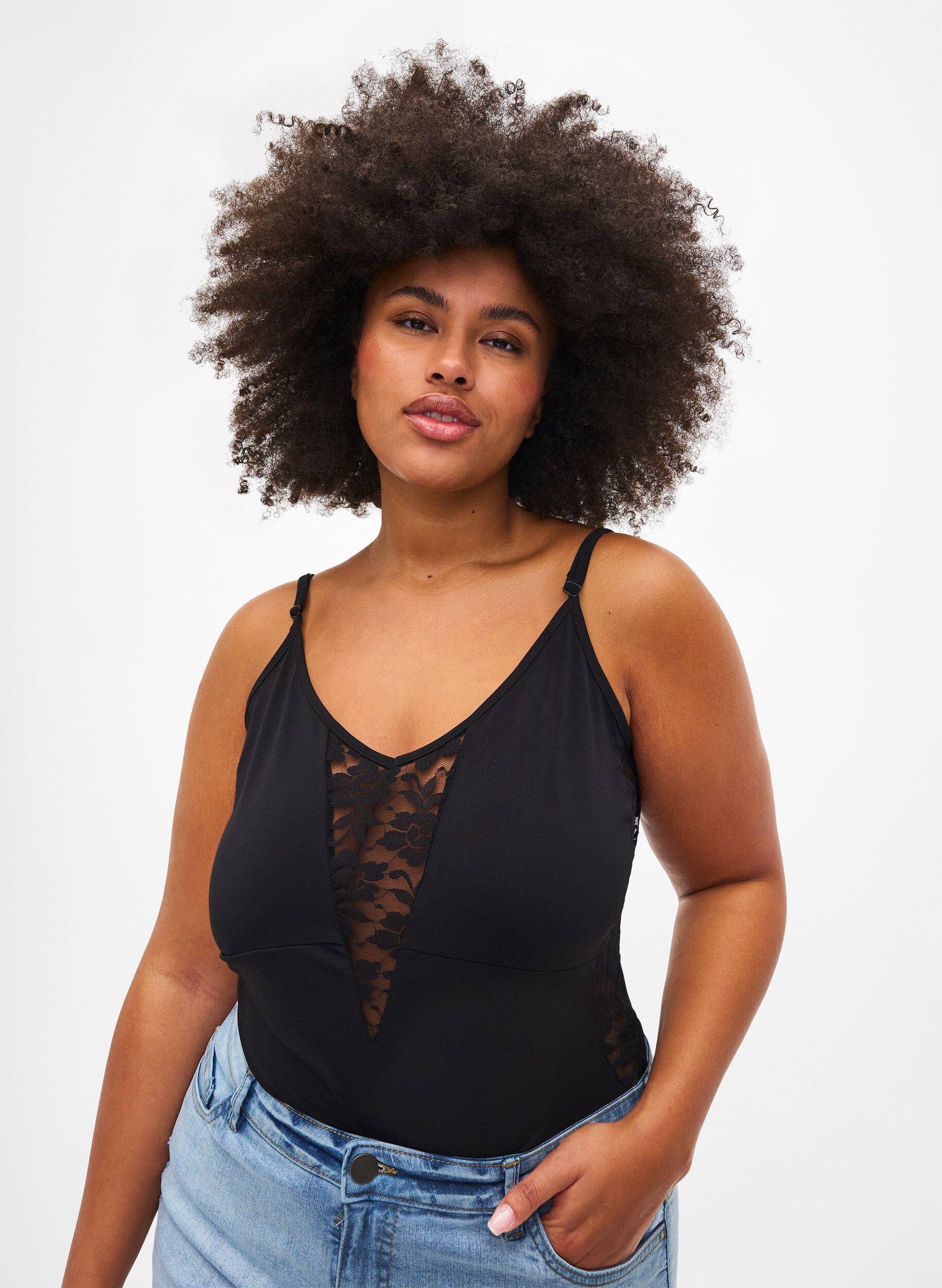 Zizzi Kroppsstrumpa med spets och smala band, Black, Model image number 0