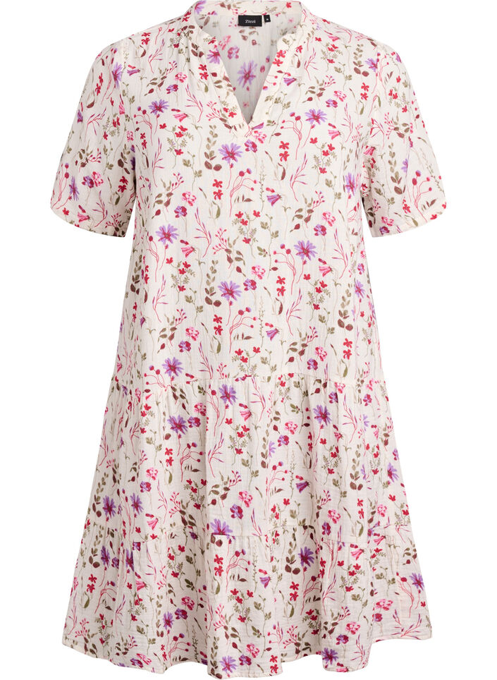 Kort a-linjeformad kl&auml;nning i bomullsmuslin, Beige, Packshot image number 0