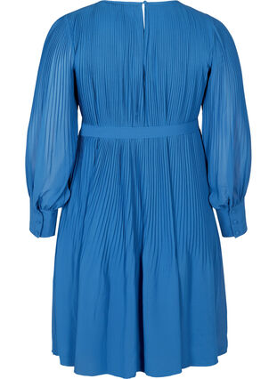 Långärmad plisse klänning med knytband, Classic Blue , Packshot image number 1