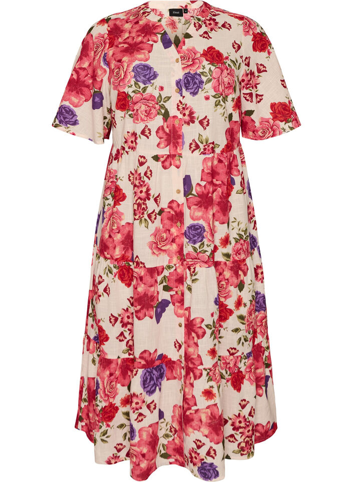 Midikl&auml;nning i bomull med blommigt m&ouml;nster, R&ouml;d, Packshot image number 0