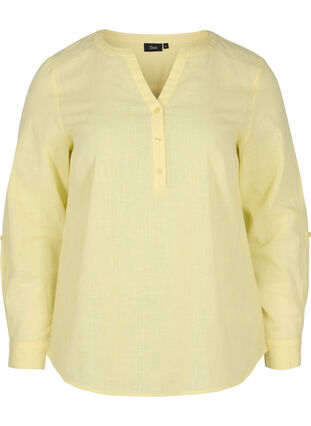 Skjortblus i bomull med v-ringad hals, Yellow, Packshot image number 0