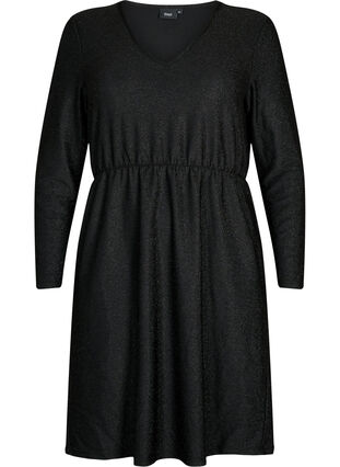 Glitterklänning med v-ringning, Black Black, Packshot image number 0
