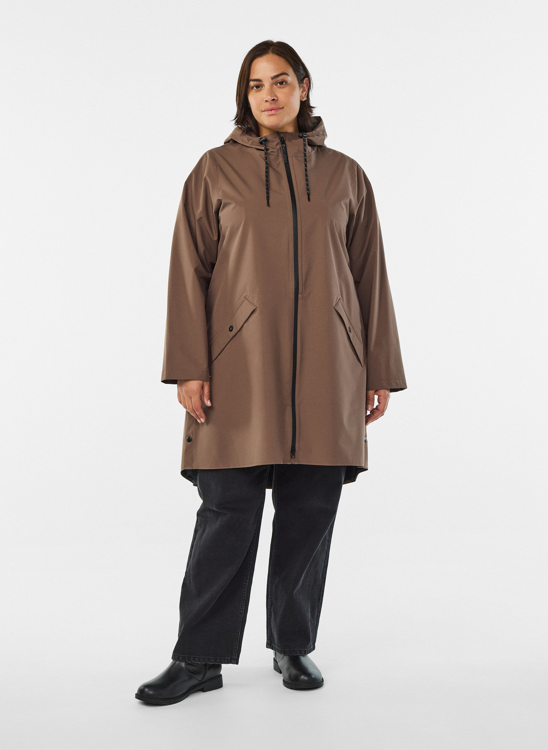ZizziRegnjacka med fickor och huva, Brun, Model image number 1