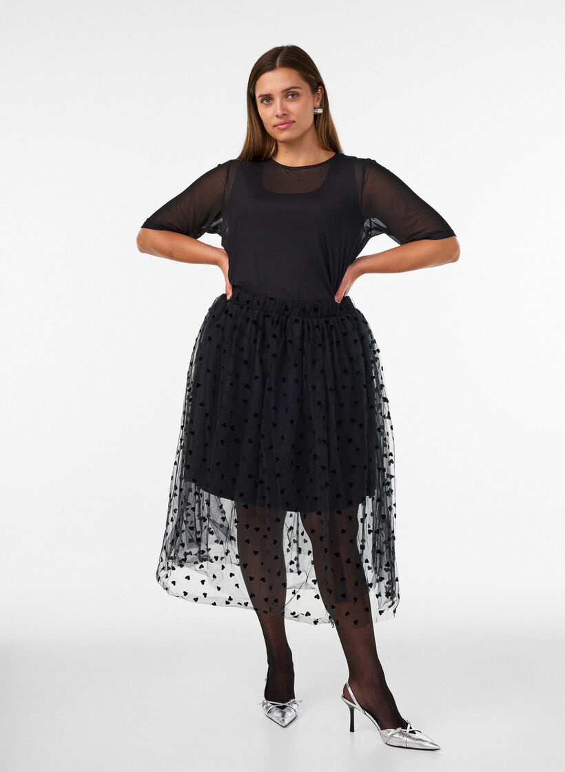 Midikjol i tyll med hj&auml;rtan, Svart, Model image number 1