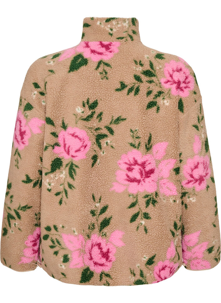 Blommig fleecejacka med h&ouml;g krage och dragkedja, Beige, Packshot image number 1