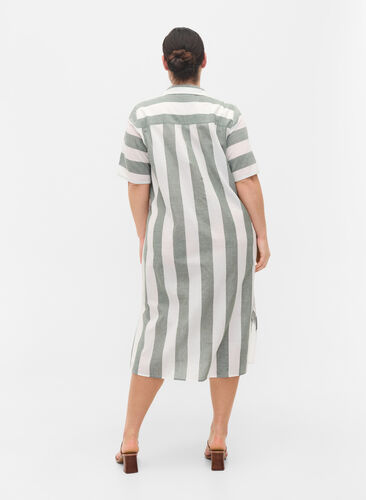 Kortärmad skjortklänning i bomull med ränder, Thyme Stripe, Model image number 1