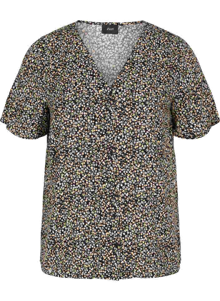 Mönstrad pyjamaströja i viskos, Black Flower AOP, Packshot image number 0