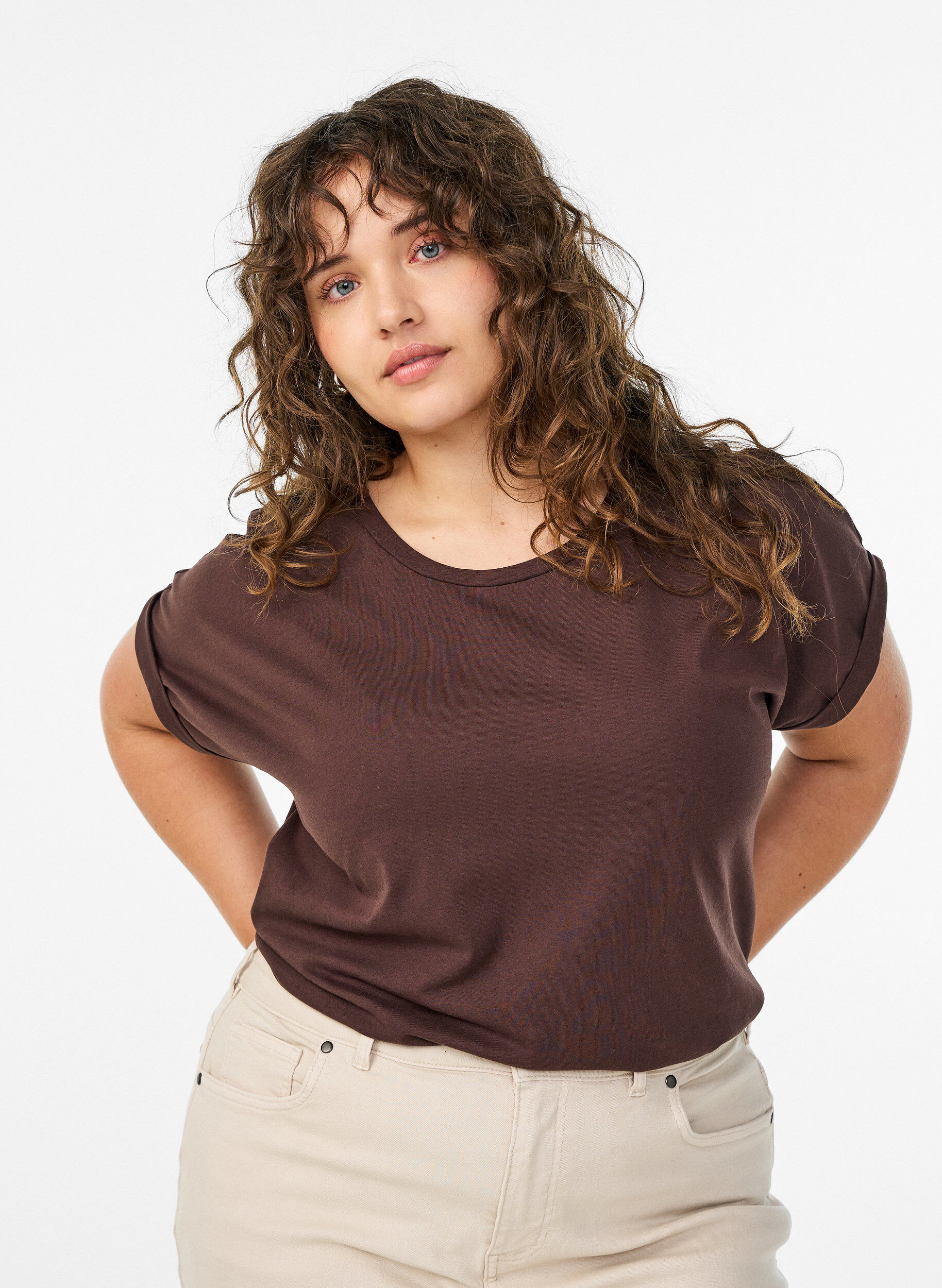 ZizziKort&auml;rmad t-shirt i bomullsmix, Brun, Model image number 0