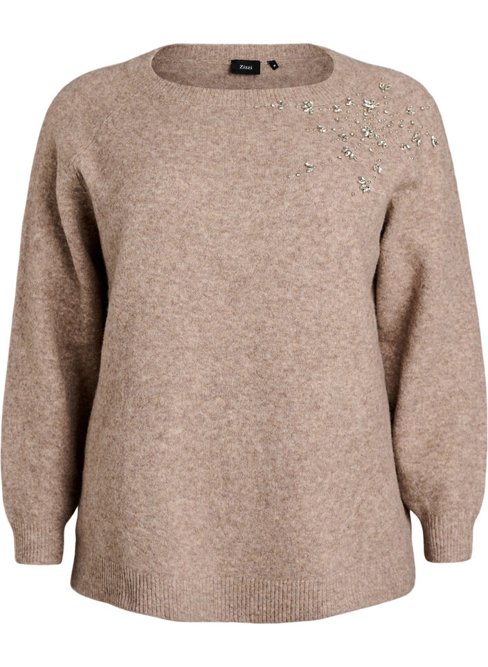blus i stickat med strass och nitar, Beige, Packshot image number 0