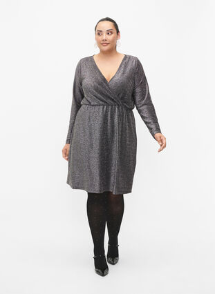 Glitterklänning med omlott och långa ärmar, Black Silver, Model image number 2