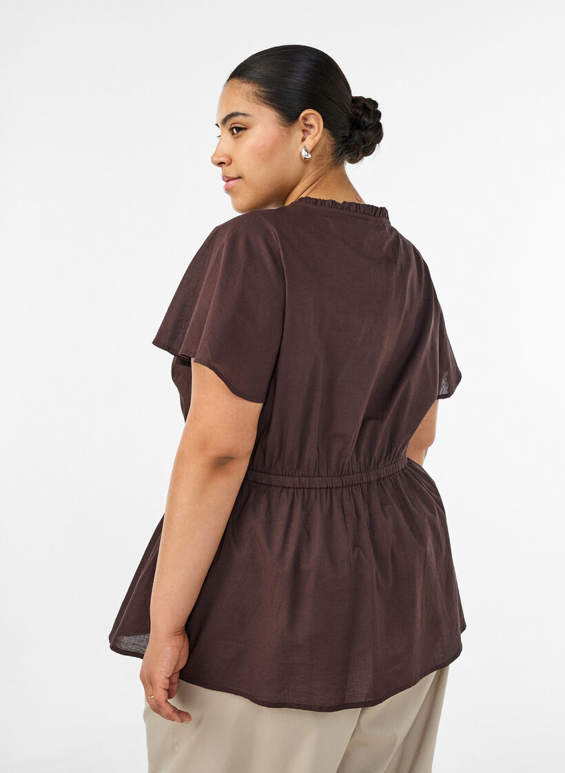 Blus i bomull med knytband och res&aring;r i midjan, Brun, Model image number 2