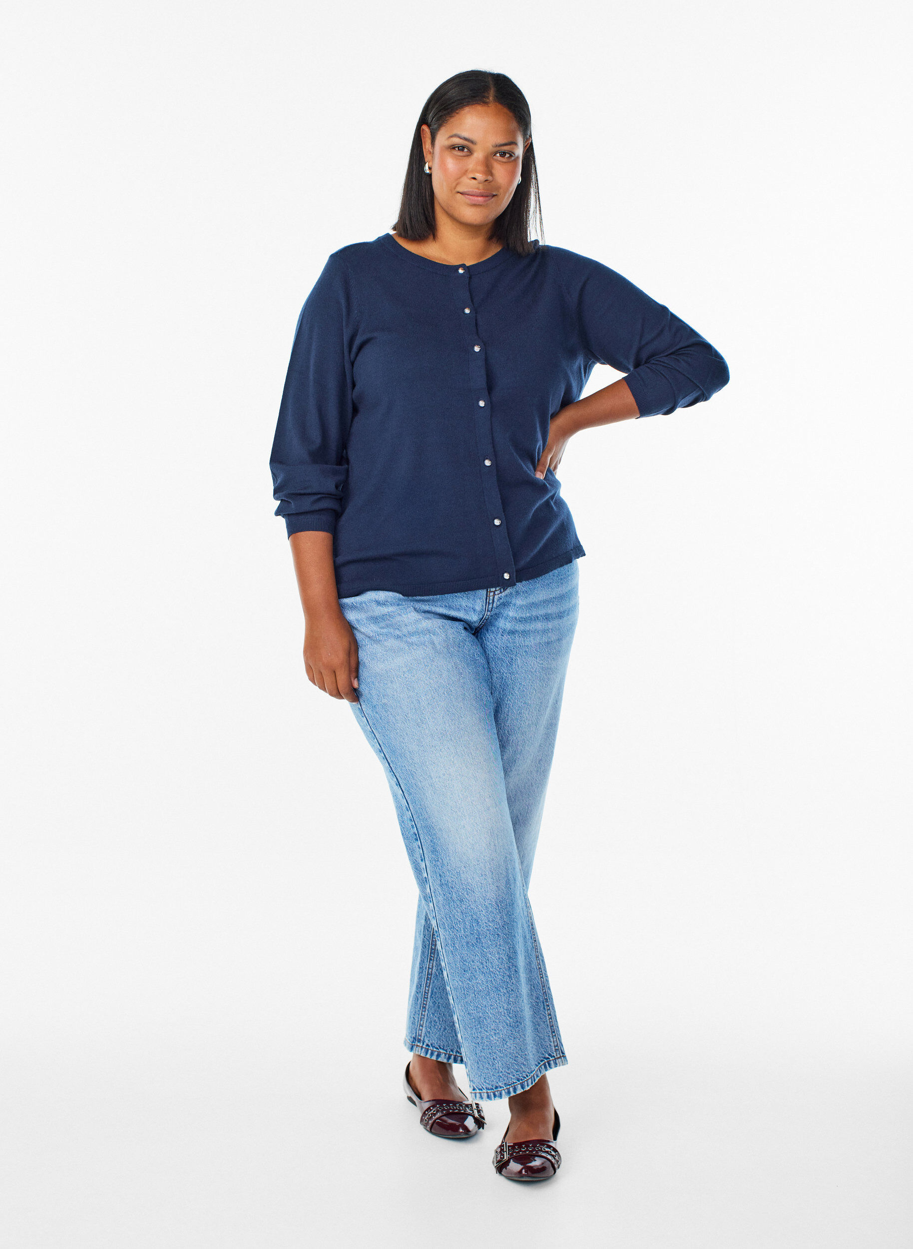 Zizzi Cardigan med runda knappar, Bl&aring;, Model image number 1