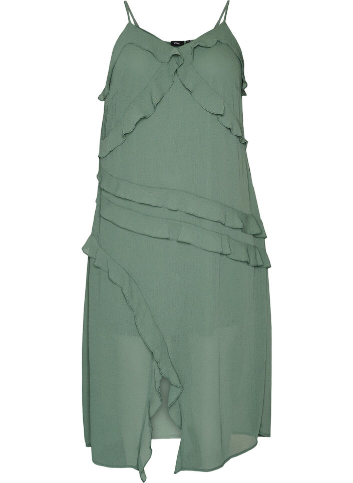 Kl&auml;nning i chiffong med asymmetriska volanger, Gr&ouml;n, Packshot image number 0
