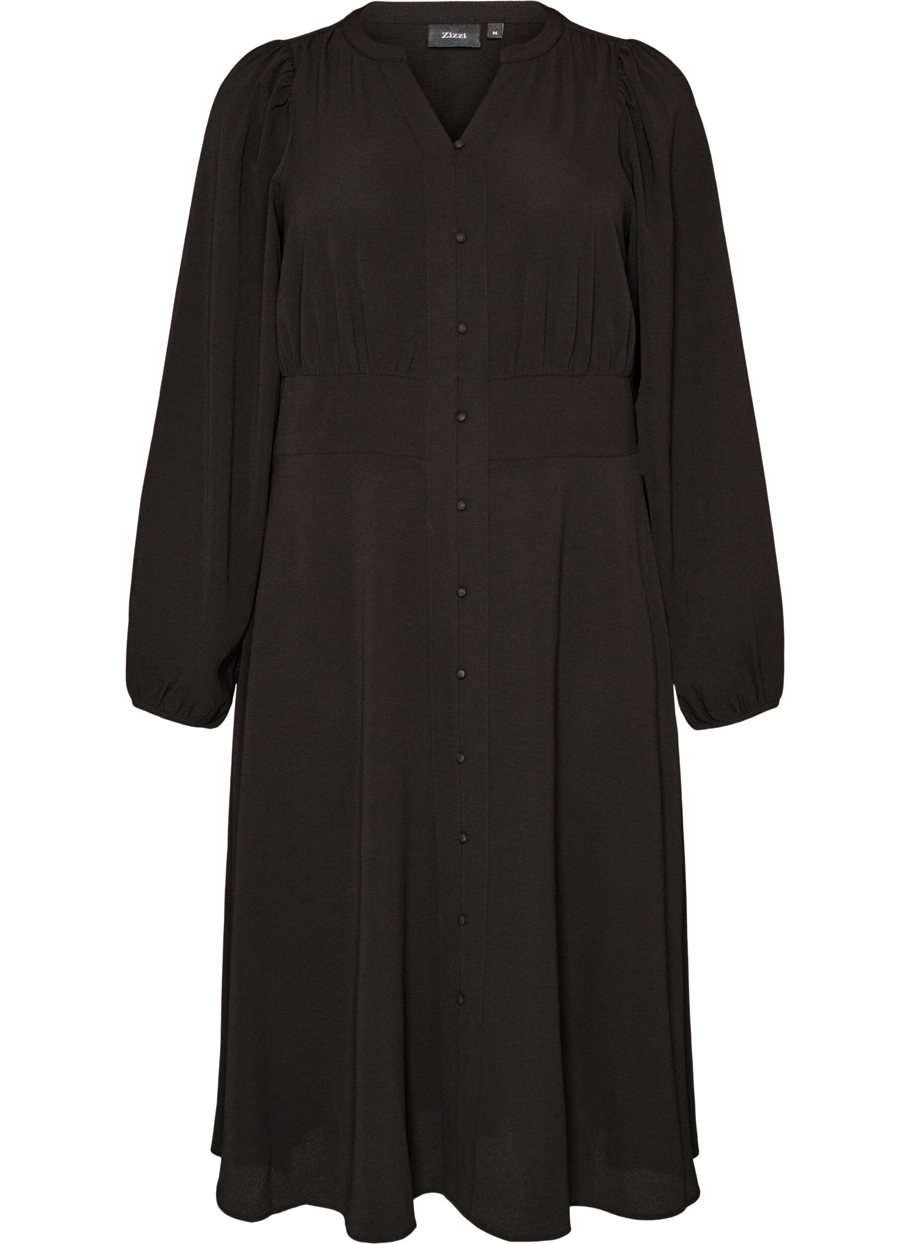 ZizziMidikl&auml;nning med smock och dekorativa knappar, Svart, Packshot image number 0