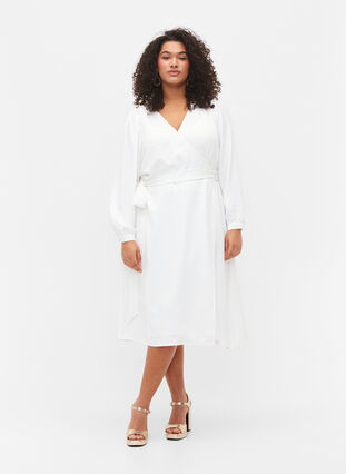 Omlottklänning med långa ärmar, Bright White, Model image number 0