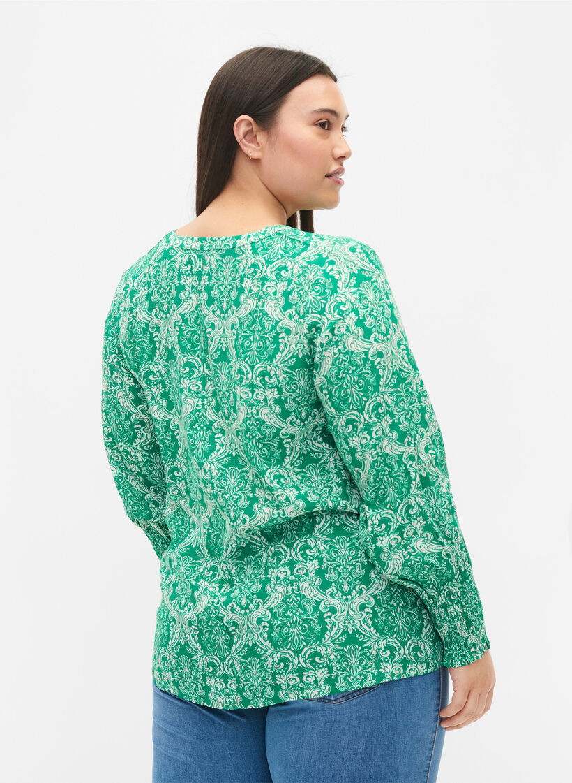 Mönstrad viskosblus med smock, Jolly Green Oriental, Model image number 1
