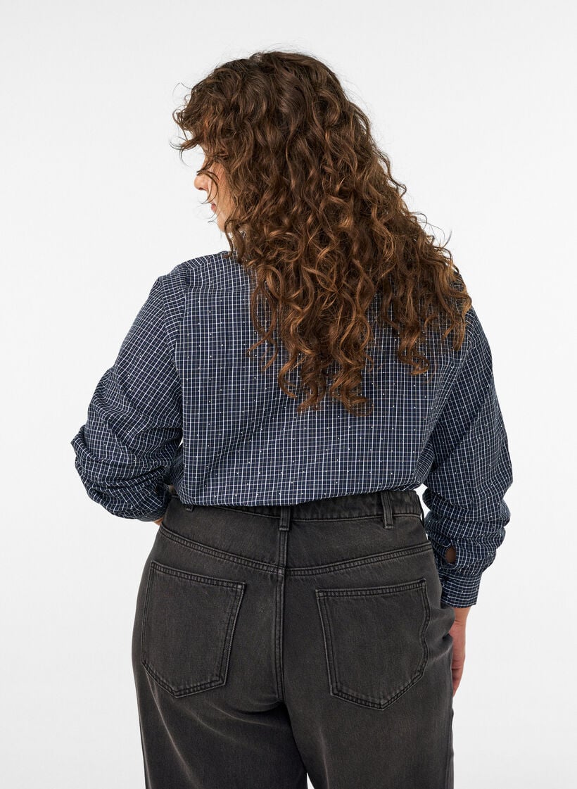 Rutig skjorta med strasstenar, Bl&aring;, Model image number 2