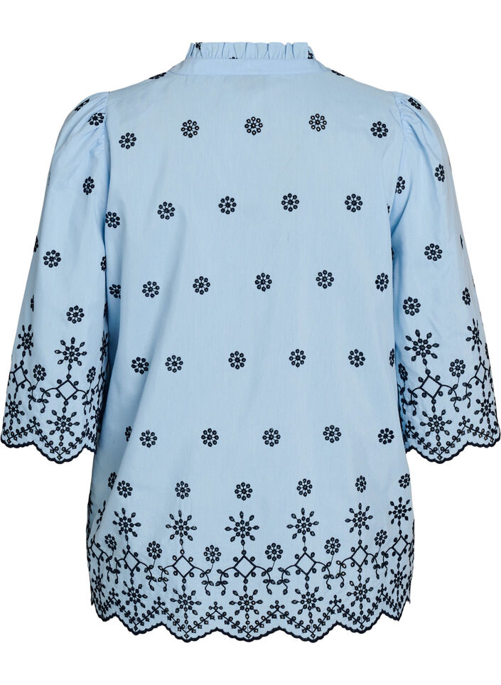 Blus med 3/4-&auml;rm och broderat m&ouml;nster, Bl&aring;, Packshot image number 1
